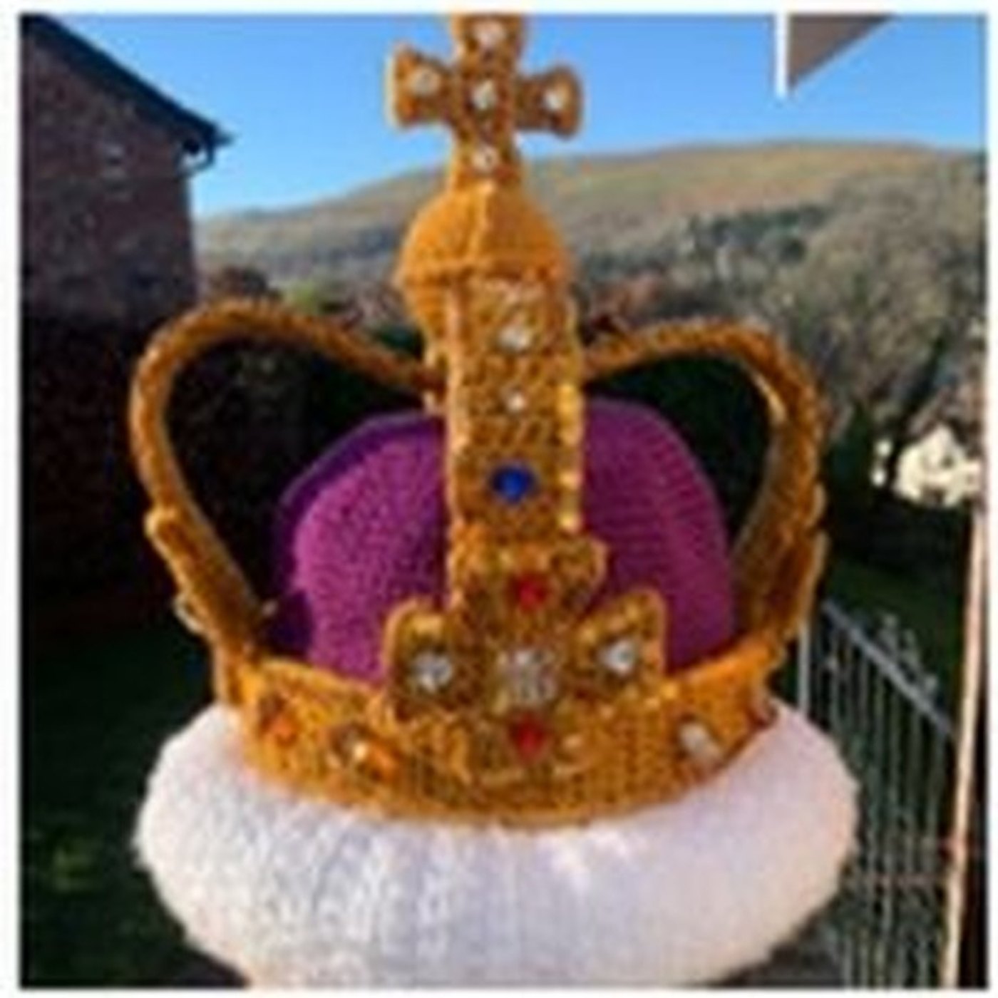 Purple and gold handmade crochet crown with decorative jewels